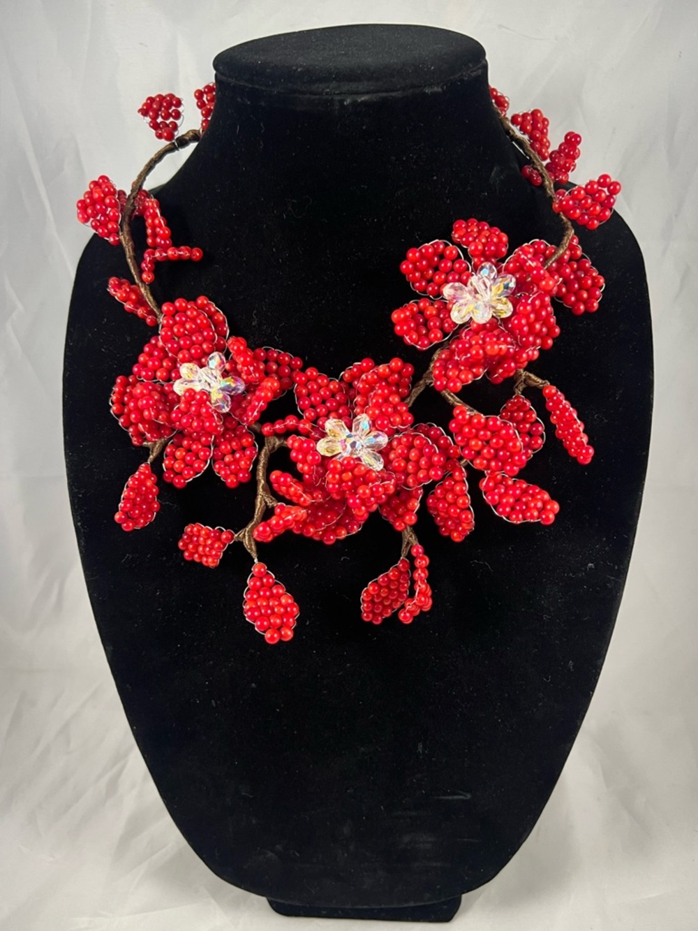 Vintage Italian Red Coral Beads & Crystal Flowers Statement Necklace Boho Whimsy